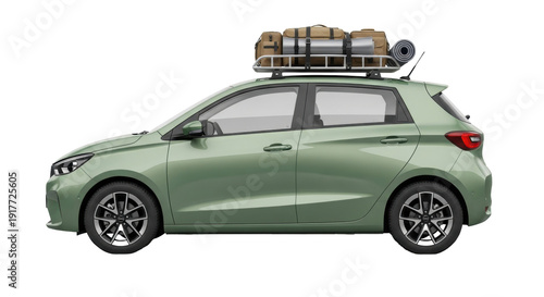Foto Isolated green car with luggage rack, preparing for a road trip on summer vacati