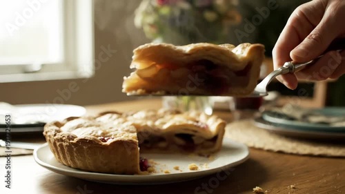 A person serves a slice of apple pie from a whole pie on a wooden table in a cozy dining room with natural light