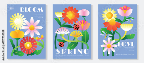 Spring daisy and poppy flowers vector poster illustration with blue pink yellow colors. Modern decorative design for greeting cards, wall art, covers, and seasonal templates.