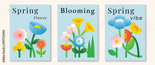 Spring daisy and tulip flowers vector poster illustration with skyblue pink green colors. Modern decorative design for greeting cards, wall art, covers, and seasonal templates.