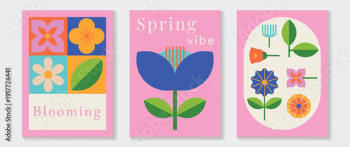 Spring wildflower and daisy flowers vector poster illustration with pink blue cream colors. Modern decorative design for greeting cards, wall art, covers, and seasonal templates.