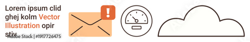 Communication, connectivity, cloud services, email notifications, data transfer, alert systems. An envelope with an alert icon, speedometer and cloud. Email notifications and cloud services concept