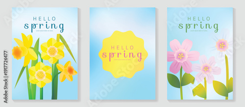 Spring daffodil and cherryblossom flowers vector poster illustration with yellow blue pink colors. Modern decorative design for greeting cards, wall art, covers, and seasonal templates.