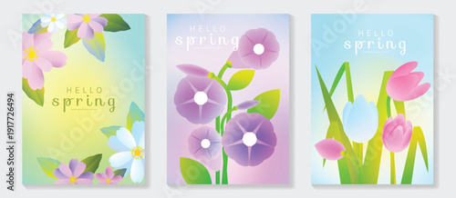 Spring morningglory and tulip flowers vector poster illustration with lavender mint softblue colors. Modern decorative design for greeting cards, wall art, covers, and seasonal templates.