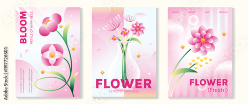 Spring cherryblossom and tulip flowers vector poster illustration with pink white softblue colors. Modern decorative design for greeting cards, wall art, covers, and seasonal templates.