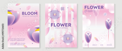 Spring peony and daisy flowers vector poster illustration with pink lilac cream colors. Modern decorative design for greeting cards, wall art, covers, and seasonal templates.