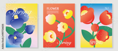 Spring tulip and ranunculus flowers vector poster illustration with orange red yellow colors. Modern decorative design for greeting cards, wall art, covers, and seasonal templates.