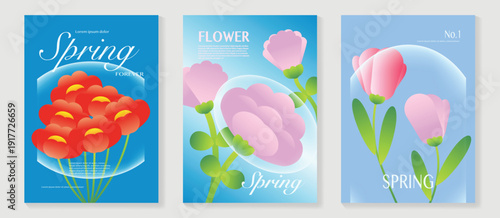 Spring poppy and tulip flowers vector poster illustration with red blue skyblue colors. Modern decorative design for greeting cards, wall art, covers, and seasonal templates.