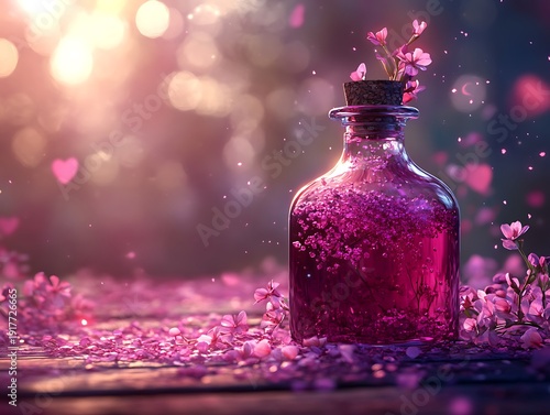 Enchanted elixir of love in a vintage bottle surrounded by cherry blossoms