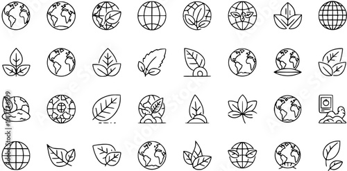 Eco-friendly line icons set: Earth, nature, leaves, green environment symbols