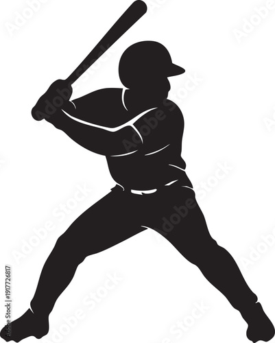 Baseball player silhouette swinging bat in ready position strongly