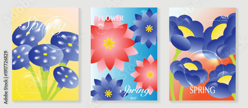 Spring iris and anemone flowers vector poster illustration with navy yellow green colors. Modern decorative design for greeting cards, wall art, covers, and seasonal templates.