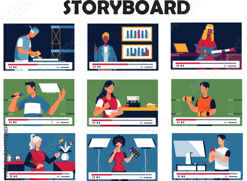 Storyboard Video Production Concept – Content Creator and Media Studio Illustration Set