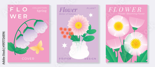 Spring lily and daisy flowers vector poster illustration with pink white mint colors. Modern decorative design for greeting cards, wall art, covers, and seasonal templates.