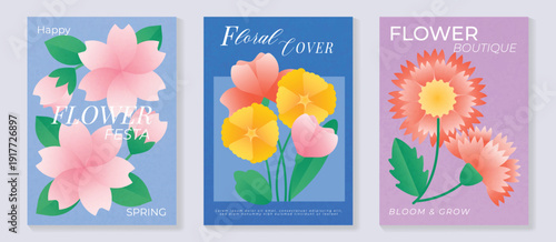 Spring lotus and tulip flowers vector poster illustration with pink blue coral colors. Modern decorative design for greeting cards, wall art, covers, and seasonal templates.