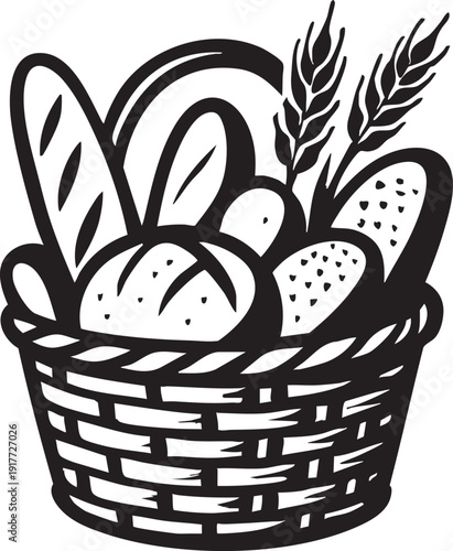 Black and white illustration of bread in a wicker basket with wheat  food still life
