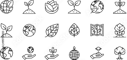 Nature and Ecology Line Icons Set: Growth, Earth, Plants, Sustainability, Environment