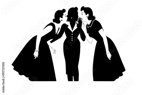 1950s Women Socializing and Gossiping Silhouette Vector for Vintage Party and Mid Century Social Interaction