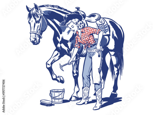 Vintage cowgirl grooming horse illustration. Retro western woman with hoof pick. Pin-up style ranch life artwork.