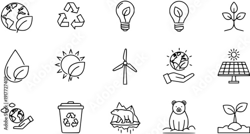 Environmental conservation, renewable energy, and nature line icons set