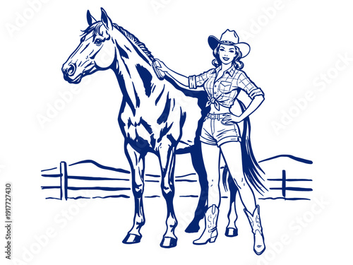 Retro cowgirl grooming horse vector illustration. Vintage American West pin-up art. Equestrian farm life drawing.