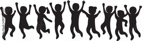 Eight black silhouettes of people jumping in the air with arms raised in celebration