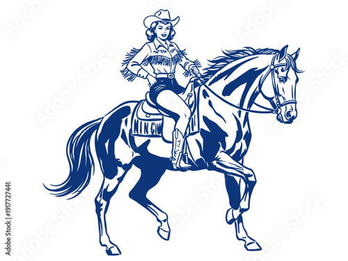 Retro cowgirl riding a horse illustration. Vintage Western pin-up style graphic. Rodeo girl on horseback vector art.