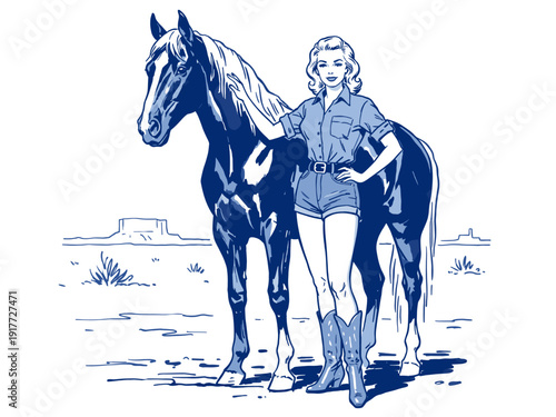 Retro cowgirl and horse illustration. Vintage pop art style graphic. Western woman with equine drawing. Classic Americana ranch theme.