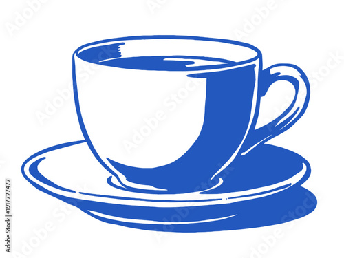 Blue coffee cup and saucer illustration. Simple graphic art of hot beverage. Morning drink vector icon. Cafe kitchenware design element.