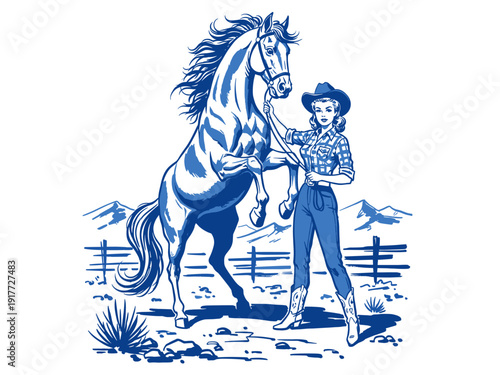 Retro cowgirl and majestic rearing horse illustration. Classic Western ranch scene vector art. Blue and white vintage rodeo graphic.