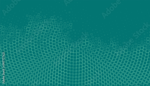 Abstract digital wave pattern with glowing squares forming a futuristic landscape under a dark teal sky with subtle dots