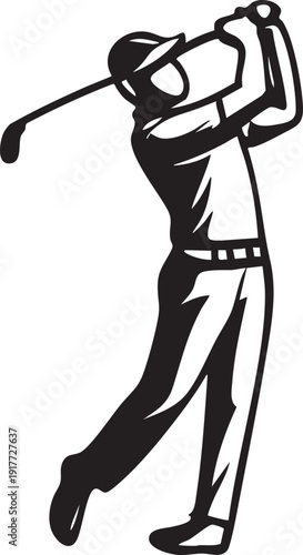 Golf player swinging club in mid action on transparent background