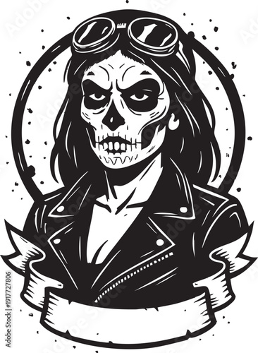 Illustration of skull woman with goggles on her head wearing leather jacket