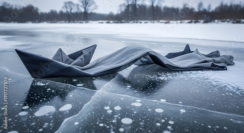 Frozen fabric lies crumpled on the icy surface of a winter landscape lake, viewed from a low angle.