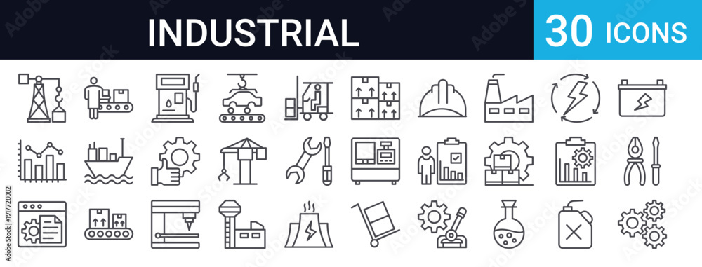 Fototapeta premium 30 thin line industrial icons including factory equipment, robotic automation, tools, crane, excavator, nuclear plant, delivery, and manufacturing symbols. Perfect for web and app design.