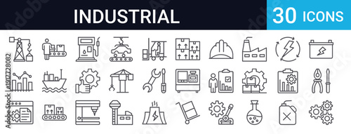 30 thin line industrial icons including factory equipment, robotic automation, tools, crane, excavator, nuclear plant, delivery, and manufacturing symbols. Perfect for web and app design.
