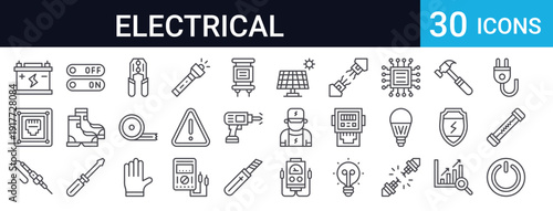 30 electrical and electrician tool icons in thin line style. Includes switch, plug, fuse, circuit, multimeter, solar panel, light bulb, cable, and more. Perfect for web and app design.