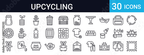 30 thin line upcycling and recycling icons. Includes furniture repurpose, DIY crafts, waste reduction, reuse projects, eco-friendly activities. Perfect for sustainability apps and websites.