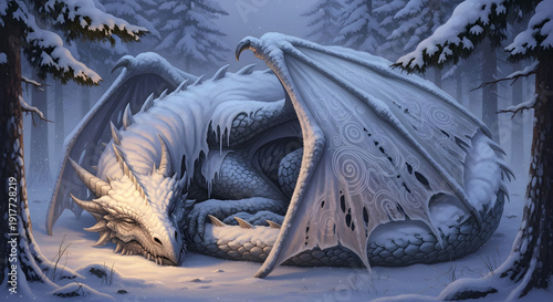 Frozen dragon resting in a serene snowy forest landscape viewed from a distance in a calm environment