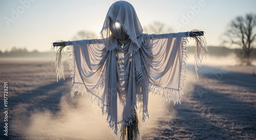 Scarecrow stands in a foggy winter field at dawn with glowing eyes and tattered clothes