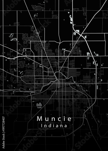 Minimalist black map of Muncie, Indiana – A modern map print highlighting infrastructure of the city, useful for tourism purposes

