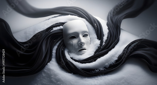 Surreal black and white portrait of a woman's face surrounded by swirling dark fabric, viewed from a close-up perspective