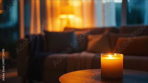 warm candle light on table with defocus living room background. glowing candle in dark evening with soft light in comfortable environment