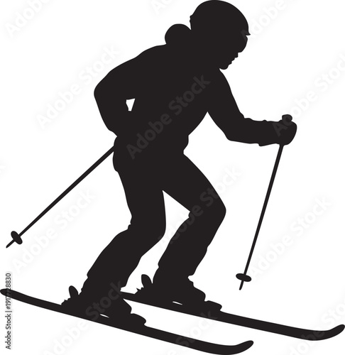 Silhouette of a person skiing on snow with ski poles