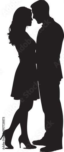 Silhouette of a romantic couple embracing and kissing face to face