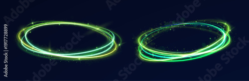 Intertwining green neon rings glow with shimmering particle streaks. Circular light effect radiates vibrant energy. Ideal for futuristic design projects.