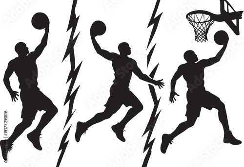 Silhouette of basketball players jumping and dunking a ball  athletic movements