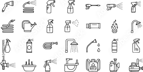 Line Art Icons: Sprayers, Water Devices, and Cleaning Tools