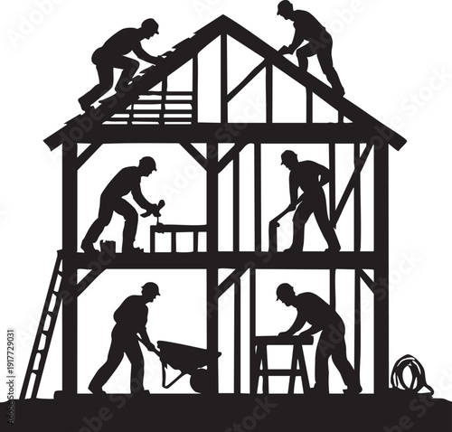 Silhouette of construction workers building a house frame structure