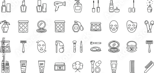 Beauty icons collection, skincare tools, cosmetic products, makeup accessories, personal grooming symbols, black and white design, fashion illustration, spa essentials
